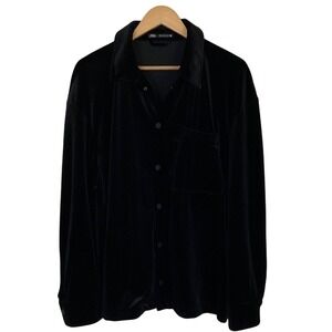 Zara Womens Black Velvet‎ Velour Snap Up Shirt Jacket Size Medium Cozy Holiday